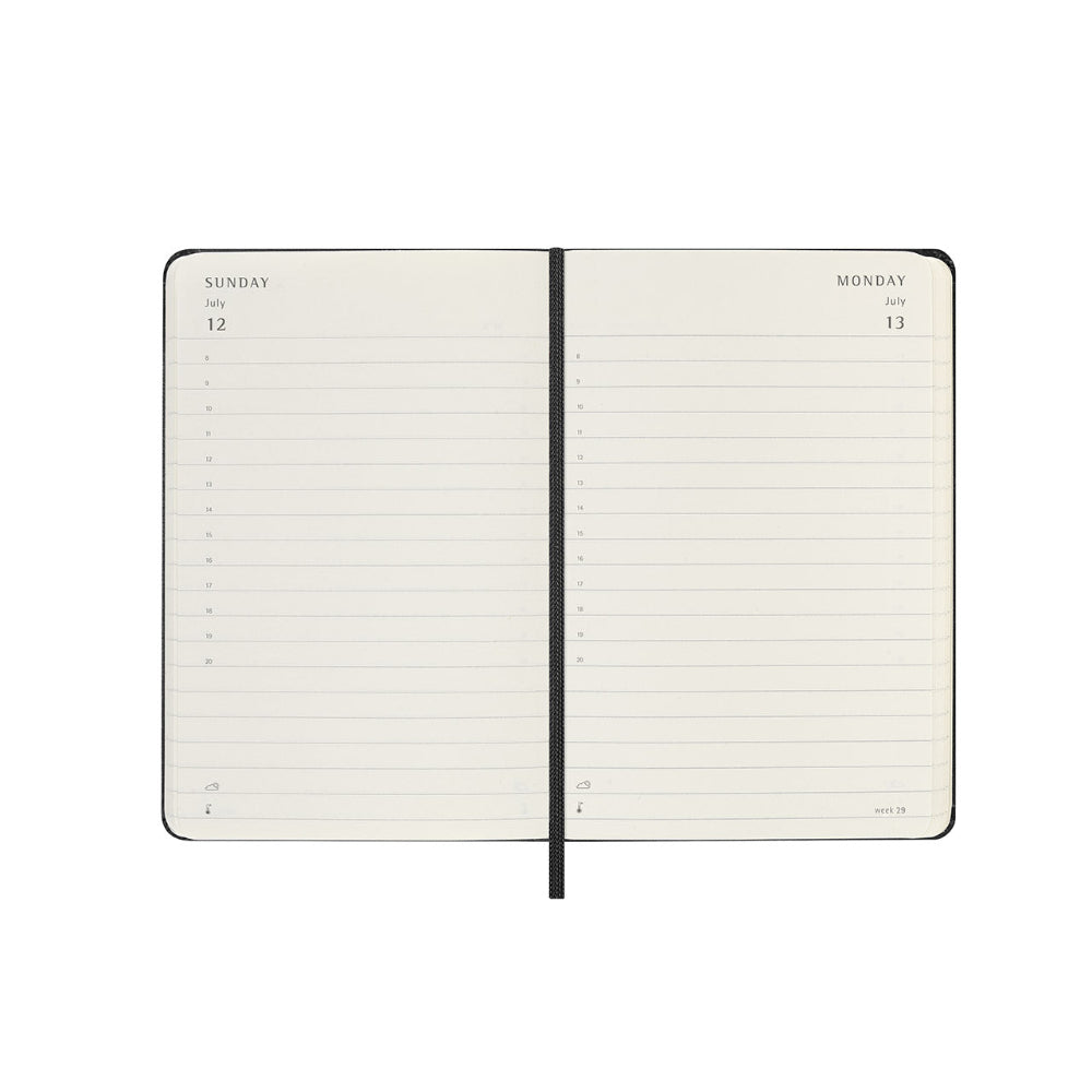Open planner showing a two-page spread with days of the week and lined pages.