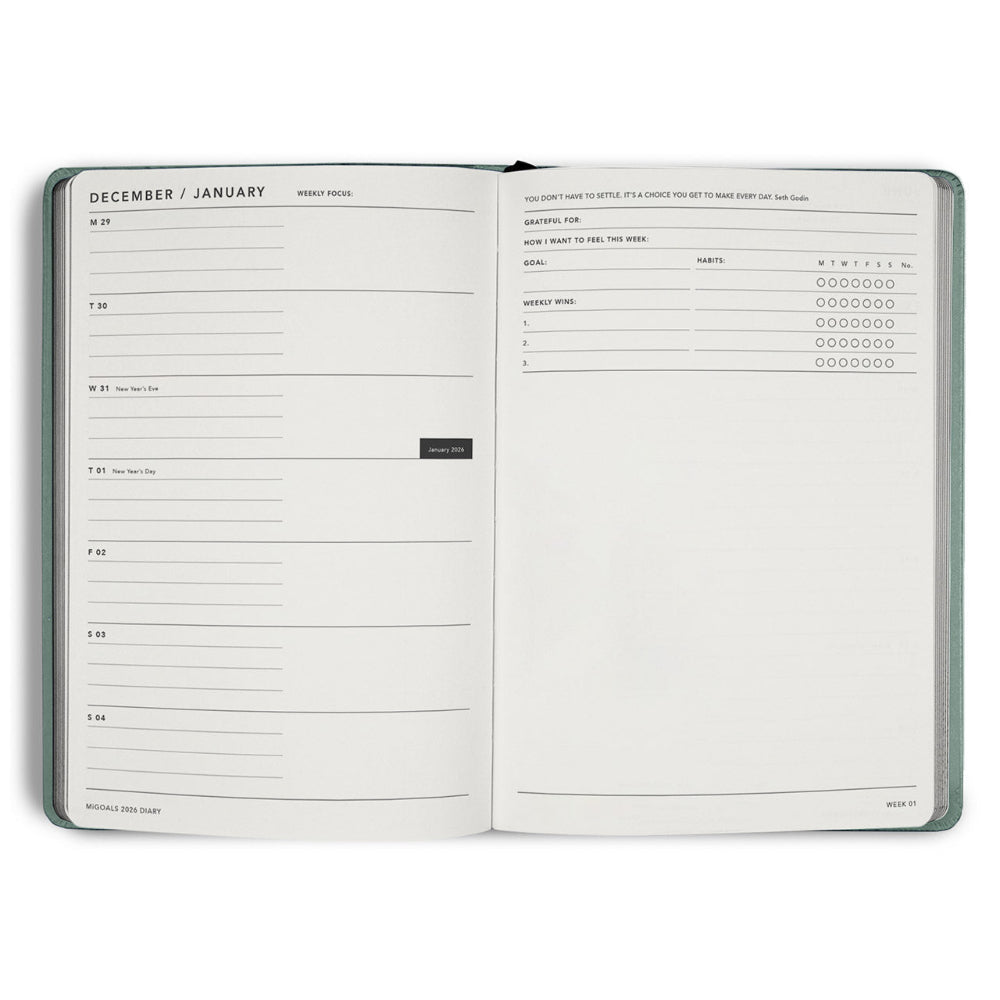 Open planner with weekly schedule and goal setting sections on a white background