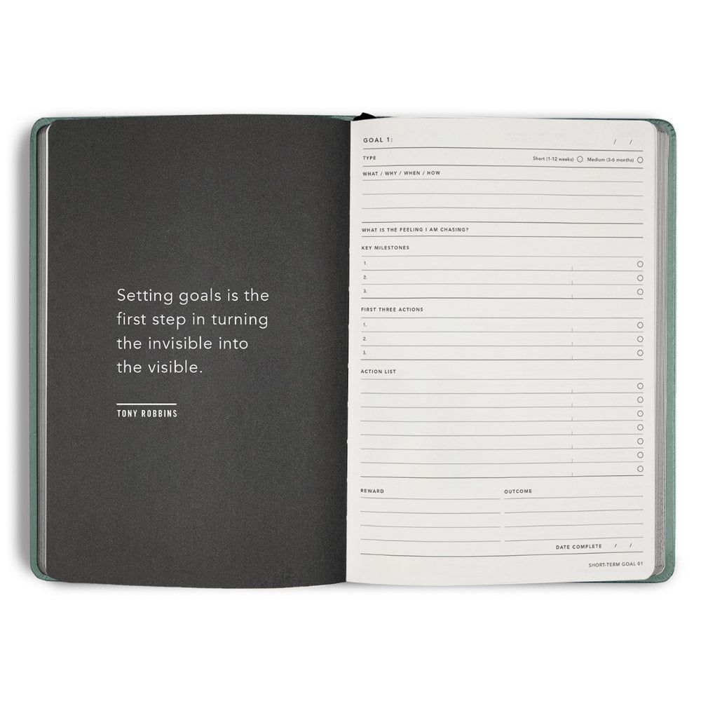 Open planner with a quote by Tony Robbins on one page and a goal section on the other page.