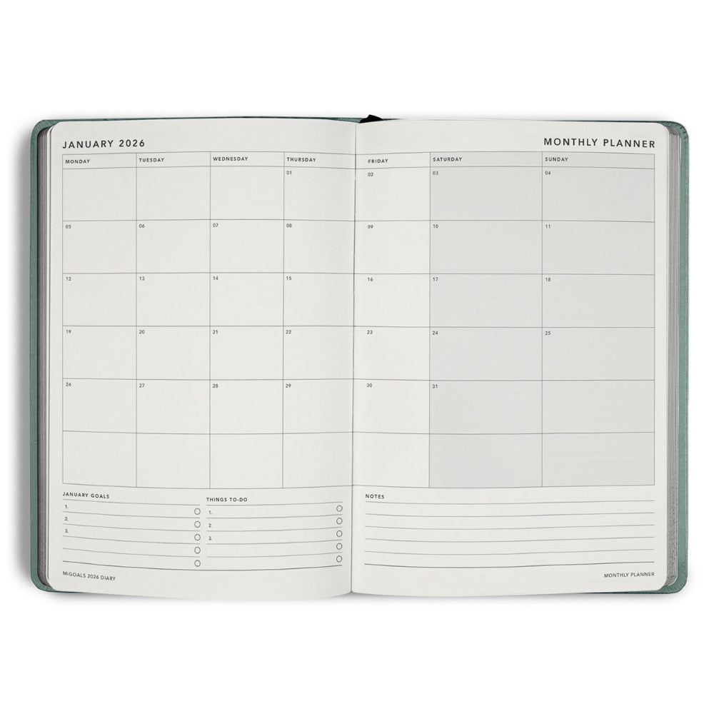 Open monthly planner with grid layout on white background