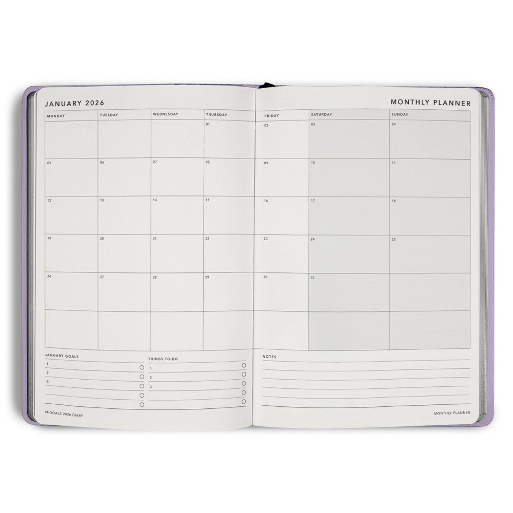 Open monthly planner with January 2026 layout on a white background
