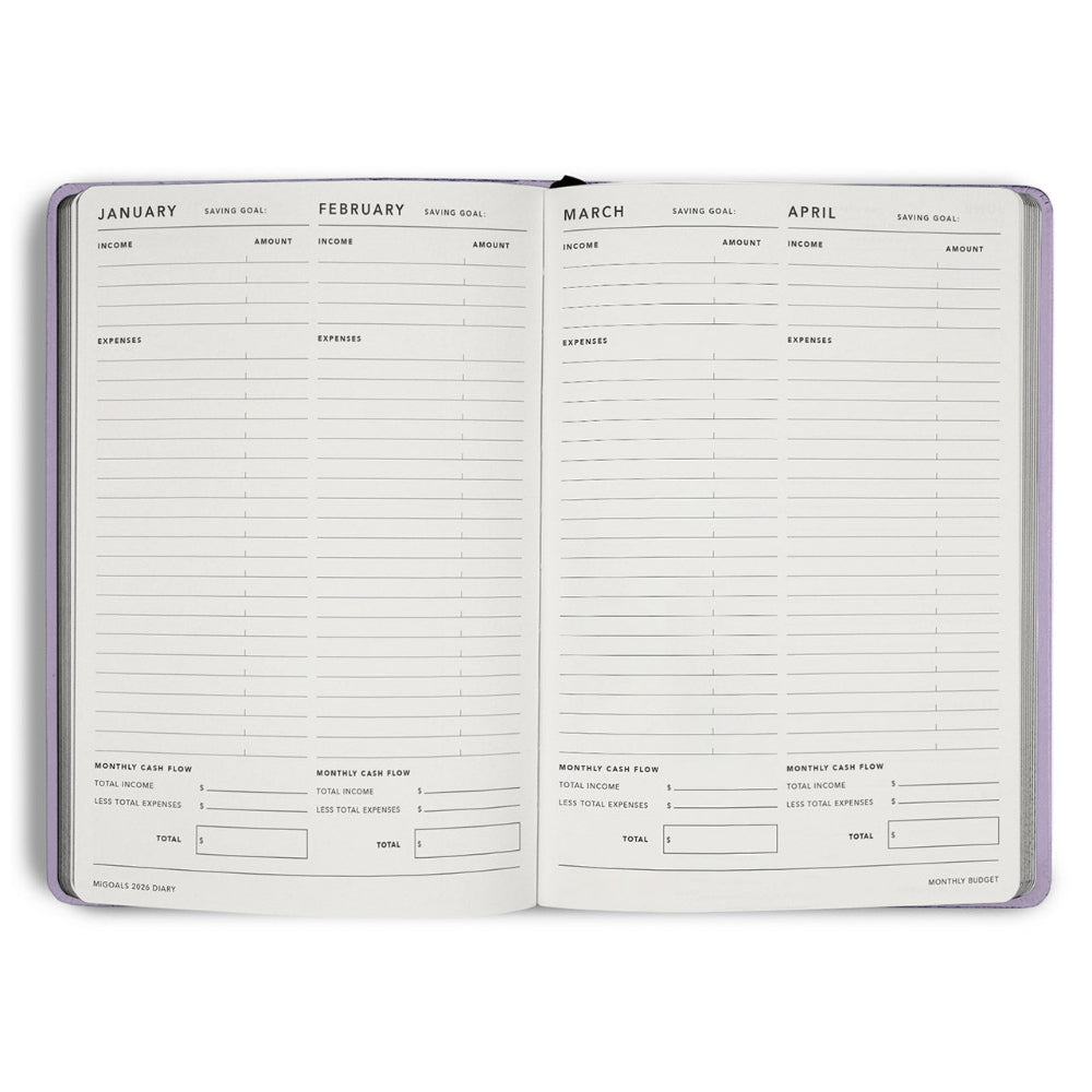 Open planner with monthly income and expense tracking on each page